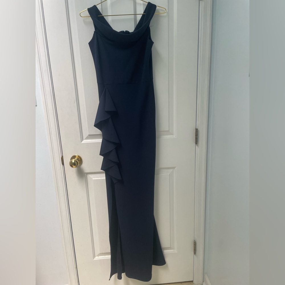 6 Missguided+ Boat Neck Navy Sleeveless Ruffle Full Length Column Gown